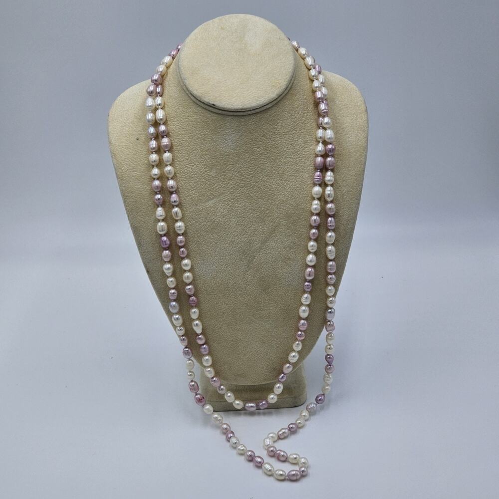 Pastel Pink White Faux Pearl Flapper Opera Necklace GSJ 63" 925 Sterling Clasp